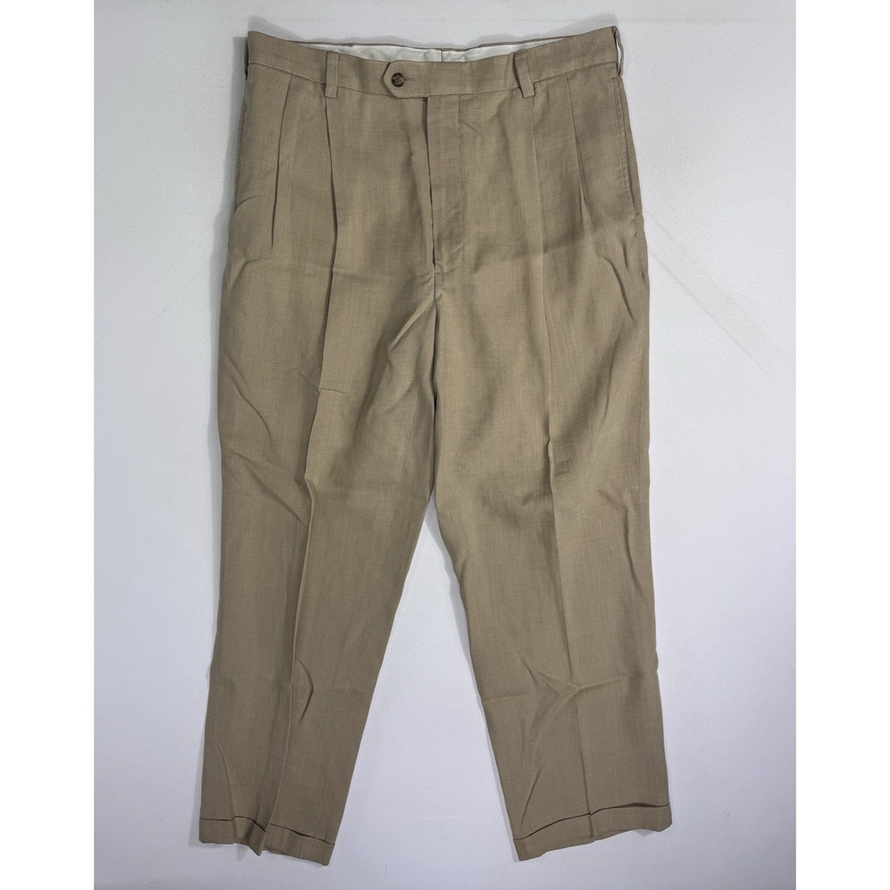 Jos. A. Bank Traveler's 100% Linen Dress Pants 36x30 Pleated Cuffed Tan Beige